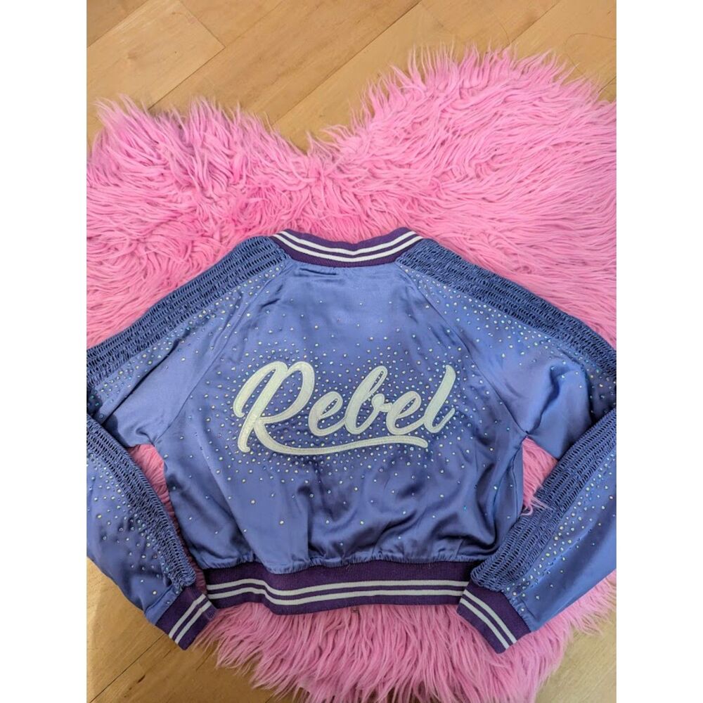 Rebel Athletic satiny rhinestone bomber jacket purple Youth Large YL cheer dance
